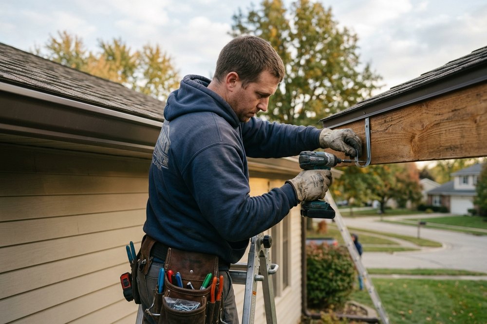A crew member carefully fastening a gutter hanger on an Indianapolis home