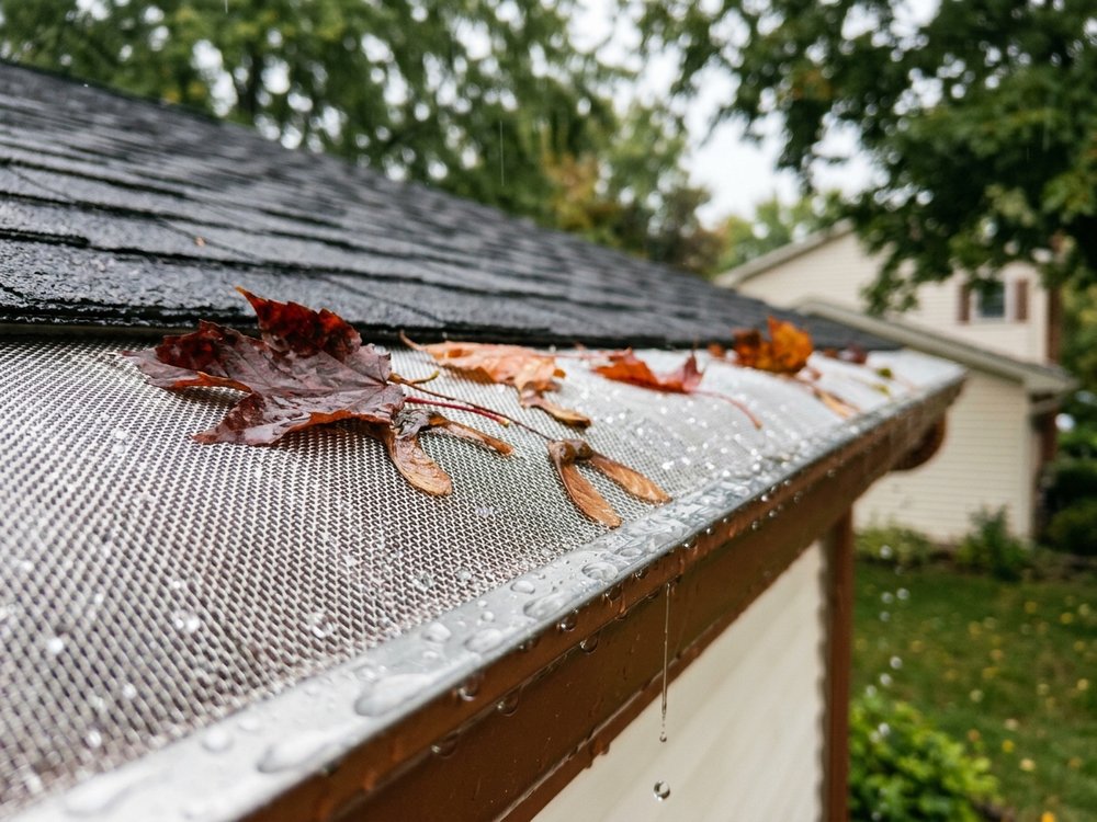 Close-up of rainwater filtering through stainless micro-mesh gutter guard while leaves shed off the edge