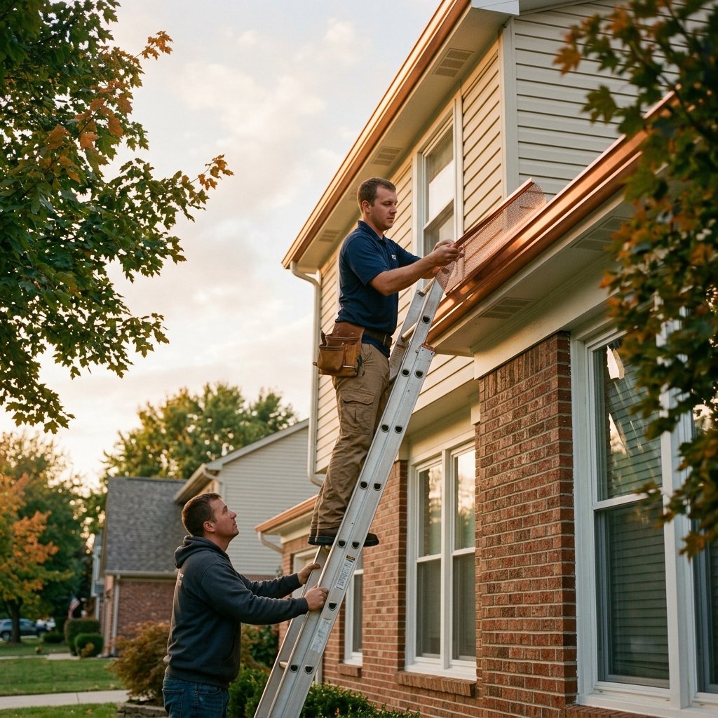 Copper gutter carrying rainwater on an Indianapolis home