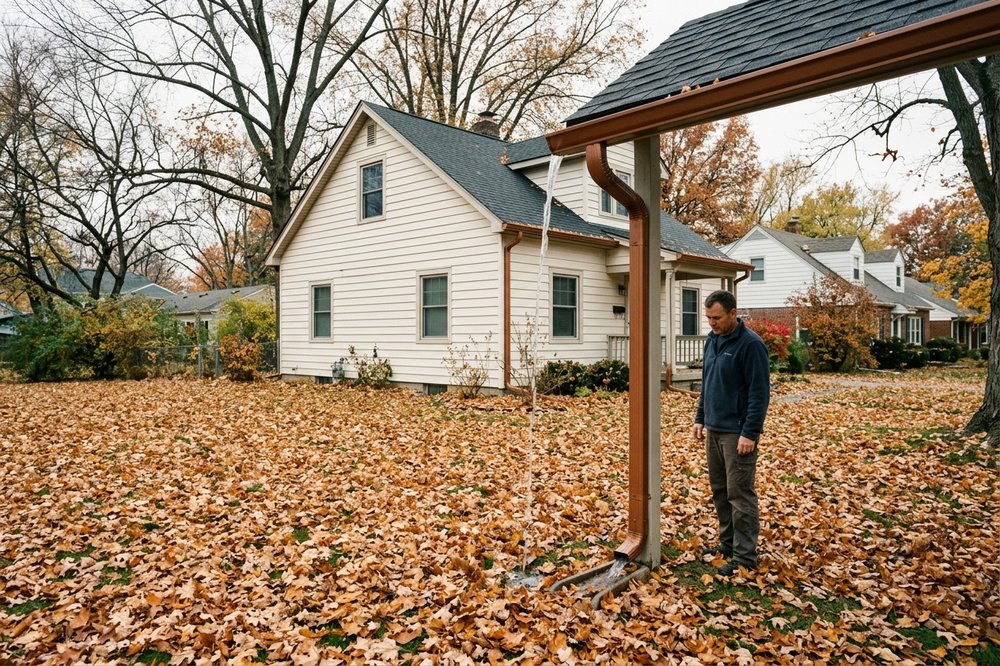 Leaf-covered gutter on a tree-lined Indianapolis street