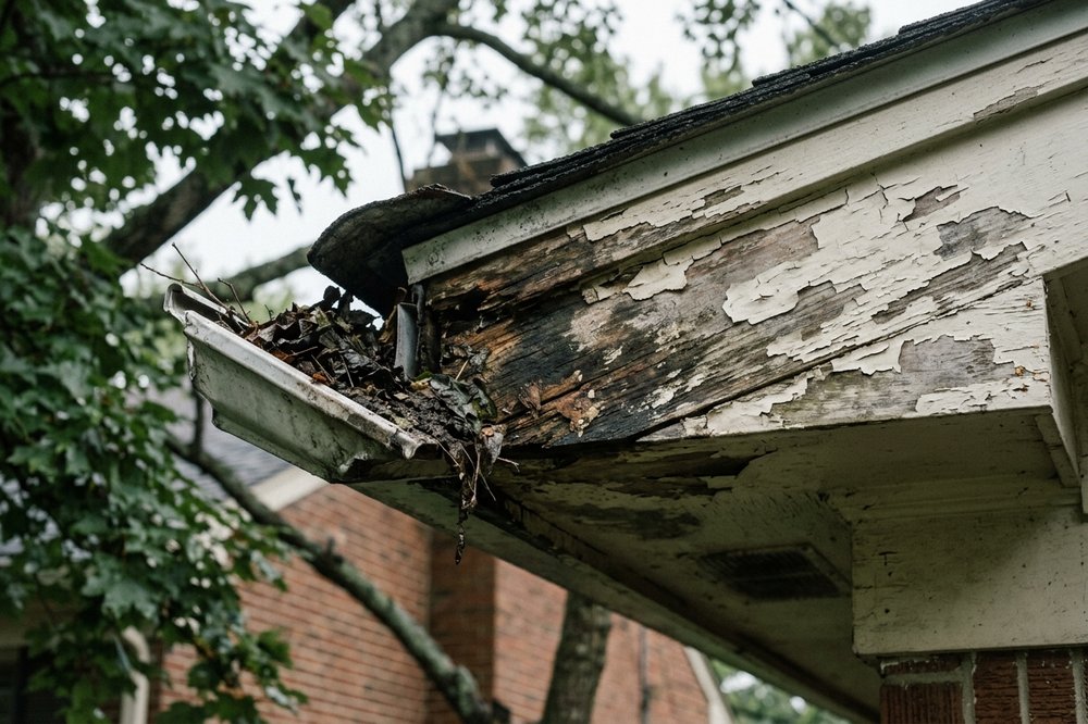 Water-stained, rotting fascia and peeling paint behind a failed, debris-clogged gutter