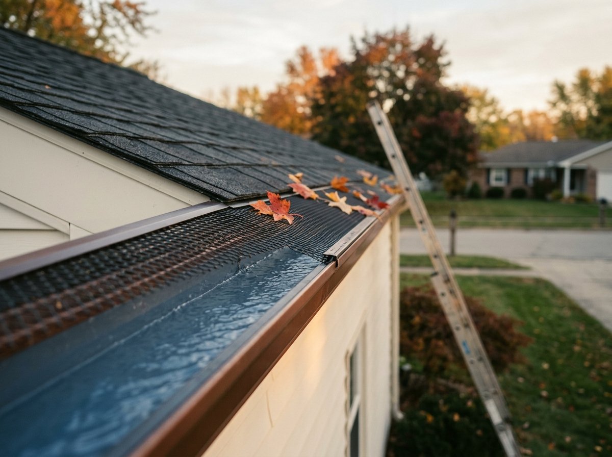 Clean, guarded gutter shedding leaves during an Indianapolis autumn